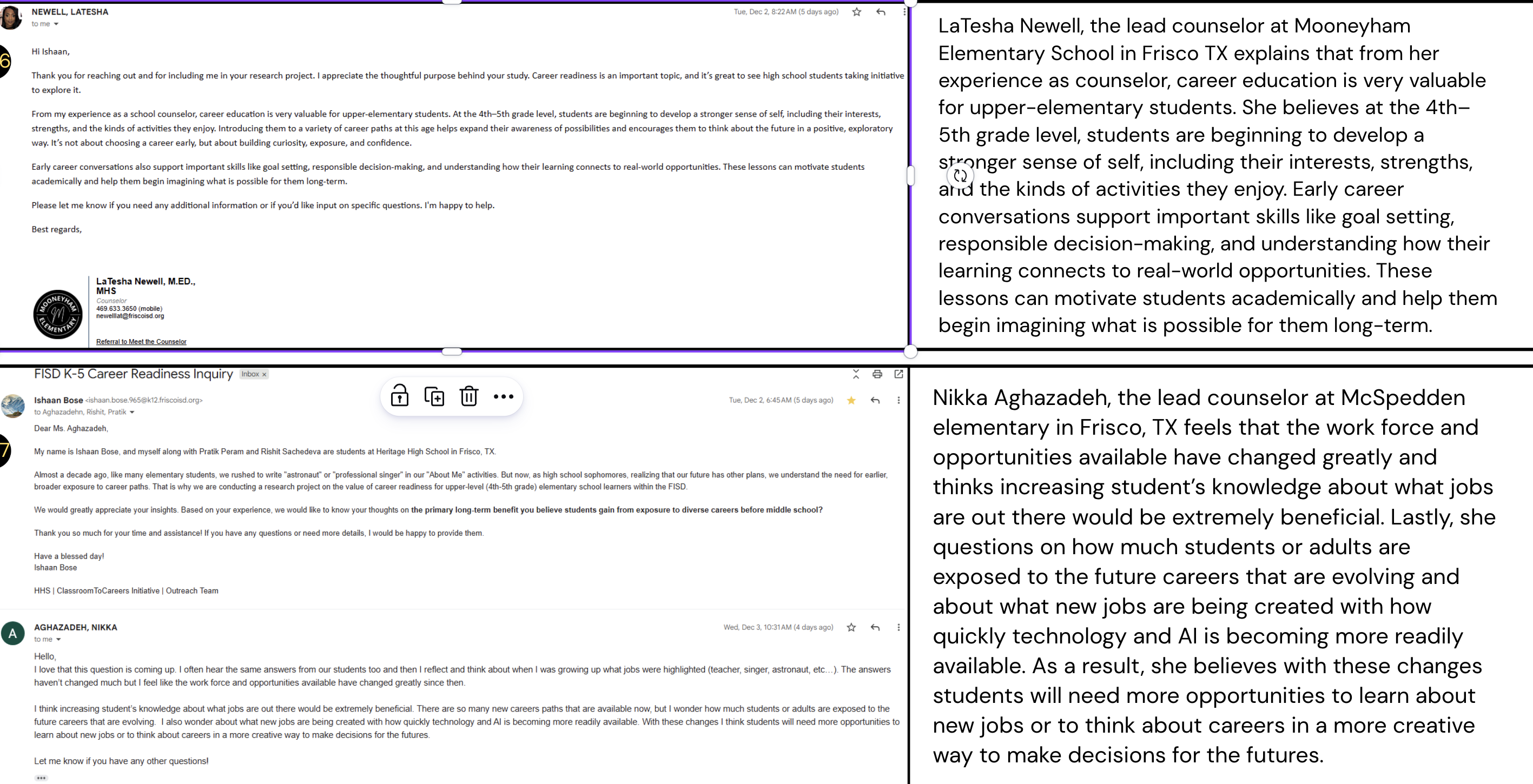 Feedback from elementary school counselors